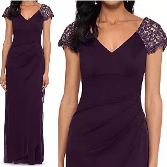 NWT Xscape | Purple Lace Sleeve Chiffon V Neck Flutter Ruffle Gown Dress 6 - Picture 3 of 12
